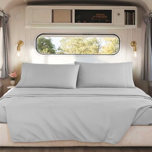 Image of Nestl Light Grey Short Queen Sheets for RV, Hotel Luxury RV Queen Sheets Set, 4 Piece Fitted Bed Sheet Set and Pillowcases, Super Soft, Wrinkle-Free, and Breathable Camper Bedding