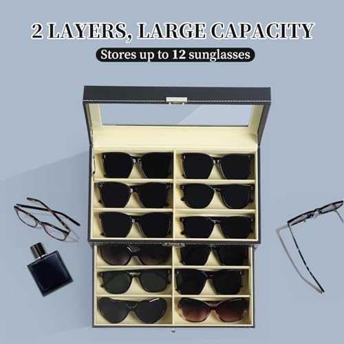 Image of AUTOARK Leather 12 Piece Sunglass Storage Display Case,Black,AW-023 | Eyeglasses Organizer,Drawer Style,Lockable,Glass Top
