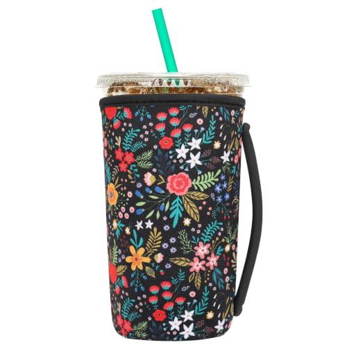 Image of Insulated Neoprene Cup Sleeve for Iced Coffee & Cold Soda - Reusable & Sweatproof, Keeps Drinks Cold Longer, Coffee Coolie for Hot & Iced Drinks (Little Floral, Large: 32oz)