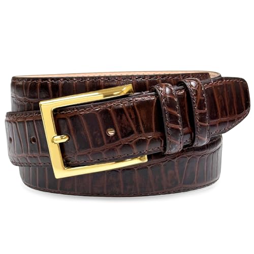 Men's Gold or Brushed Nickel Buckle Genuine Leather Alligator Embossed Dress Belt 1-3/8