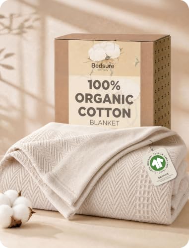 Bedsure 100% Certified Organic Cotton Blanket - Queen Size Soft & Breathable Luxury Blankets for Bed All Seasons Waffle & Herringbone PureWoven Textured Thermal Blanket for Adults Kids Beige