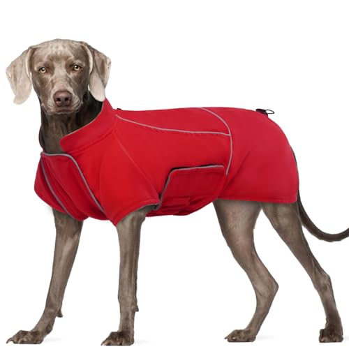 ROZKITCH Dog Raincoat Jacket Waterproof Windproof Dog Rain Jacket with Fleece Liner and Leash Hole Reflective Strip for Medium Large Dog, Adjustable Poncho Vest for Outdoor Hiking Travel Red 2XL