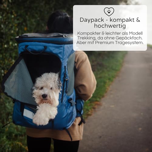 Wanderpfote Hunderucksack bis 12kg - Modell Daypack, Größe M, Blau - Premium Rucksack für kleine bis mittelgroße Hunde mit Höhenverstellbarem Tragesystem und viel Raum für den Hund