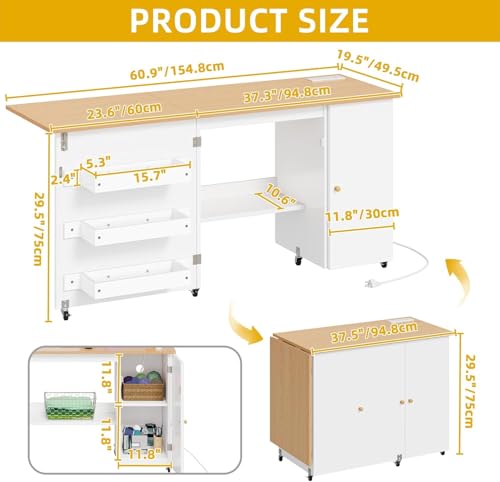 image for DWVO Folding Sewing Table w/Charging Station, Sewing Table with Storag