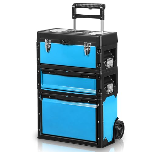 Image of Magshion Heavy-Duty Rolling Tool Box, 3-Tier Stackable Tool Chest System with Wheels & Drawers, Modular Organizer for Small Parts and Tools, Mobile Garage Workshop Storage in Black /Blue