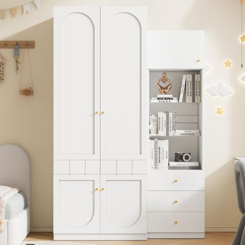 Merax Juego de armario para habitación infantil, armario blanco de 2 puertas + vitrina, 80 × 50 × 200 cm + 50 × 40 × 180 cm, armario de almacenamiento para dormitorio con cajones y barra para colgar