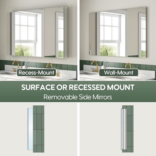 Botiquín de baño con espejo, gabinete de baño con estantes de vidrio ajustables, gabinete con espejo de aluminio anodizado cromado, instalación de puerta reversible, montaje en pared o empotrado, 48" x 30" miniatura 4