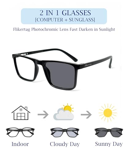 Image of Premium Blue Light Filter Photochromic Computer Glasses | Zero Power Blue Cut Photochromic Eye glasses For Eye Protection | Retro Square Frame for Men & Women /Standard Size (BLACK)