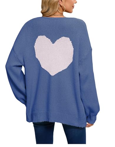 Image of Women's Tie Cardigan Sweaters Long Sleeve Chunky Knit Big Cute Heart Sweater Coats Blue X-Large