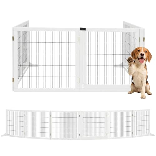 PawHut Barrera de Seguridad para Perros de Madera Plegable, para Escaleras y Puertas, Valla para Perros Pequeños y Medianos de 6 Paneles, con Soporte de Pie, para Interiores, 432x36x70 cm, Blanco
