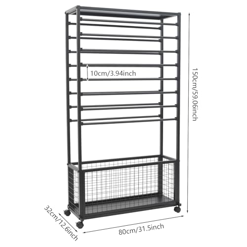 Image of CNCEST Double-Sided 16-Layer Ribbon Holder Organizer Rack,Free Standing Mobile Ribbon Holder,Metal Ribbon Stand Organizer Ribbon Storage Shelf for Craft Room,Wrapping Paper (Black,31.5x12.6x59.06in)