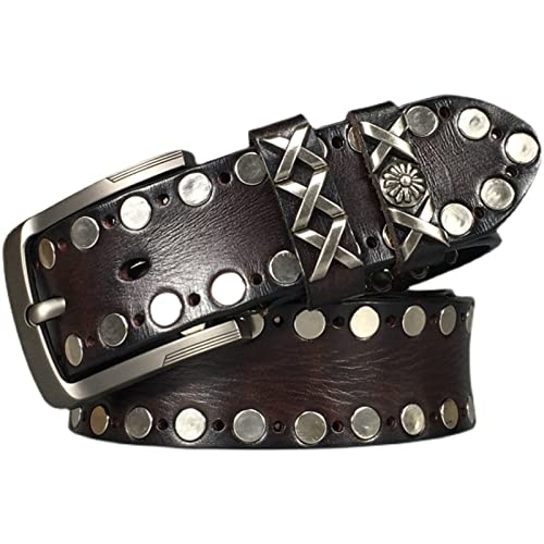 Stylish Mens Studded Casual Cowhide Leather Belts for Jeans Punk Rock Rivets Belt with Buckle for Men,Brown,115CM/45.3''