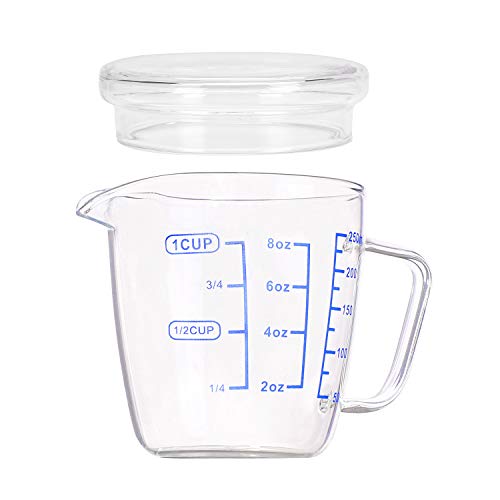 250ML Glass Measuring Cup Microwave Measuring Jug with Lid Multi-Purpose Measuring Mug for Hot/Cold Liquid, Clear