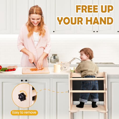 Image of Woodure 4-in-1 Toddler Kitchen Step Stool, Foldable Learning Standing Tower with Blackboard, Wooden Kitchen Stool Helper for Kids, 1-3 Year Old Boy Girl Gifts