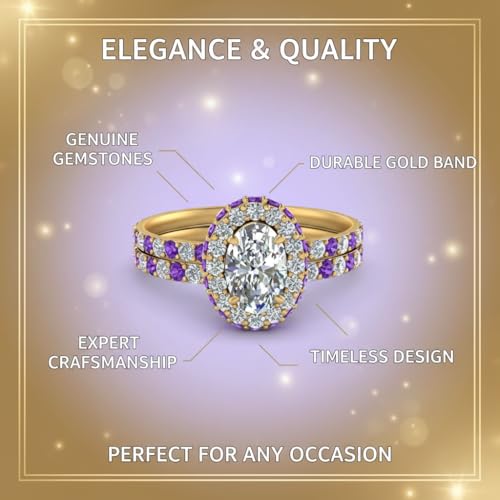 Image of Choose Your Gemstone Oval Halo Rollover Diamond CZ Wedding Ring Yellow Gold Plated Oval Shape Wedding Ring Sets Matching Jewelry Wedding Jewelry Easy to Wear Gifts US Size 4 to 12