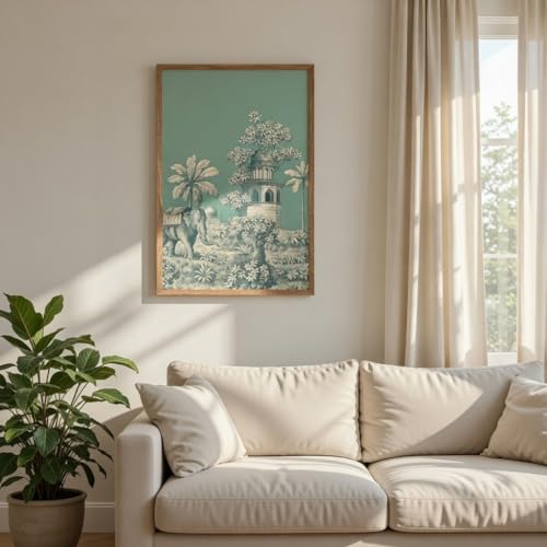 Image of SAF Vintage Teal Elephant Palace Wall Art with Wooden Frame | Botanical Heritage HD UV Laminated Print on MDF | Elegant Jungle Decor for Living Room Bedroom Office 13.5 x 19.5 Inch