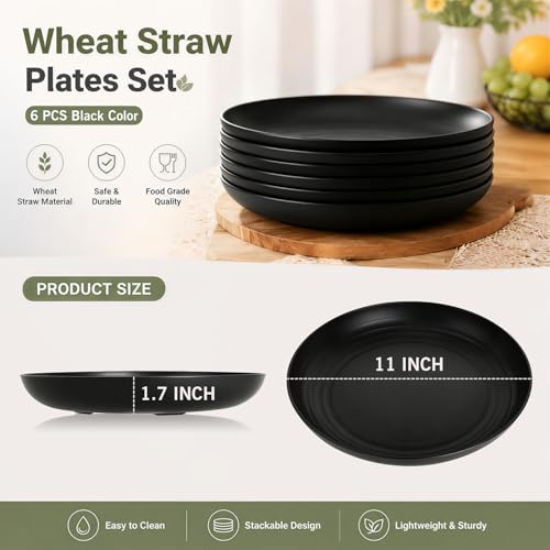 Image of 11In Large Wheat Straw Plates of 6, Plastic Plates Reusable, Black | Lightweight & Unbreakable Microwave & Dishwasher Safe Plates for Kitchen, Picnic, Party