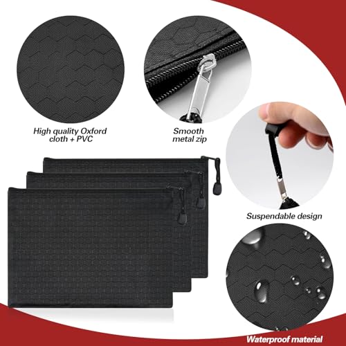 6 Stück Geldtasche, 24 x 18 cm Geldtaschen Banktasche Wasserdichte Geldmappe Schwarz Bankmappe mit Reißverschluss Dokumententasche A5 für Haushalt Business Schule