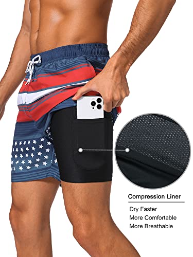 Silkworld Swim Trunks Men Bathing Suit With Compression Liner Quick Dry 5 Inch Inseam American Flag Beach Swim Shorts,American Flag,Medium #TOP1