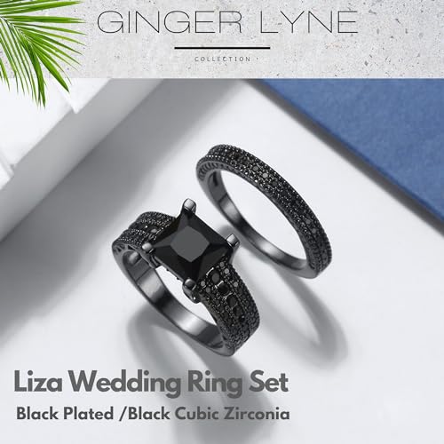 Liza Black Wedding Ring Set for Women by Ginger Lyne | Gothic Cubic Zirconia Simulated Black Diamond Engagement Ring for Her | Half Eternity Wedding Band for Women | Bridal Jewelry for Modern Bride3