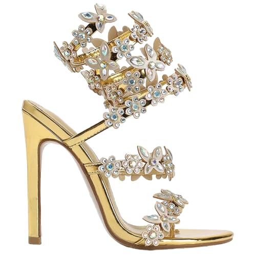 Women's Diamante High Heels Sparkly Spiral Strap Heeled Sandals