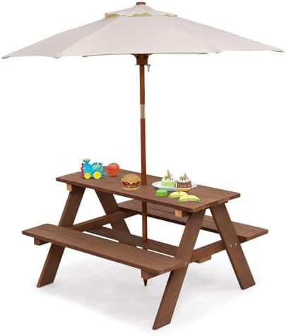 DORTALA Kids Picnic Table, Wooden Outdoor Toddler Table and Bench Set with Removable Umbrella, Children Activity Table Set for Patio, Garden, Backyard, Girls & Boys Gift, Natural
