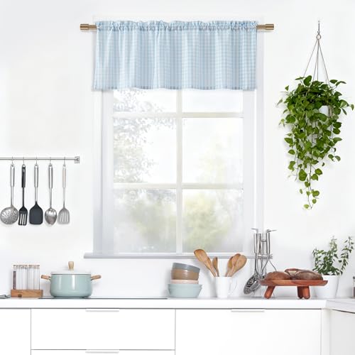 ZJDECOR Blue Buffalo Plaid Window Valance,Farmhouse Gingham Crinkled Not-See-Through Sheer Cafe Curtain for Kitchen Bathroom Bedroom,Rustic Window Treatment,Rod Pocket,52" Wx15 L(Pack of 1)