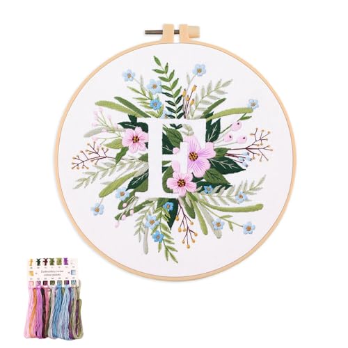 Image of artcici Embroidery Kits Plant Flower Leaf English Letter Patterns for Beginners Adults, Full Range Embroidery Starter Kits Cross Stitch Needlework Supplies (Letter F)