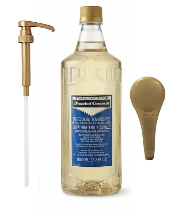 KK&A Gold Pump Bundle- Toasted Coconut Syrup 1 Liter Bottle - Authentic toasty coconut Syrup, Premium Taste - Perfect for Starbucks Coffee, Lattes, and Desserts with KK&A Collection Gold Pump