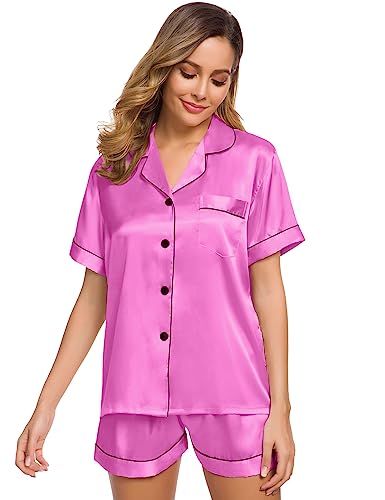 Image of SWOMOG Womens Silk Satin Pajamas Set Short Sleeve Sleepwear Button Down Top and Shorts Loungewear 2 Piece Pjs Set XS-3XL