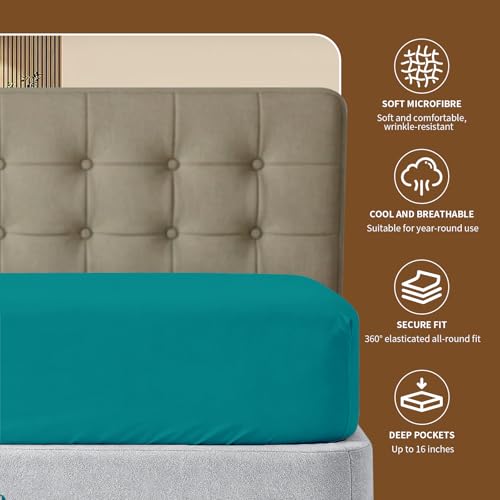 Image of HBHLFZ Full Fitted Sheet Only, Soft Breathable Bottom Sheet - 54 inchx75 inch Deep Pockets Full Size Fitted Sheet - All Around Stretch Fit, Wrinkle Resistant, Colorfast - Easy Care, Blue-Green