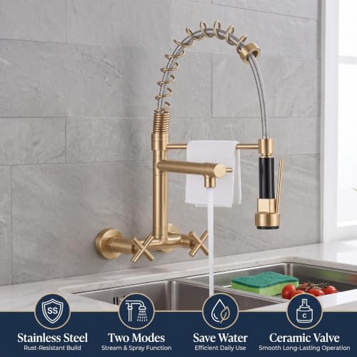 Image of InArt Elite Luxury with Wall-Mounted Kitchen Sink Tap - 360 Pull-Down Sprayer, Multi-Function Spray Head, Single Lever, Gold Finish, and Hot & Cold Functionality Faucet Sink - 5 Year Warranty