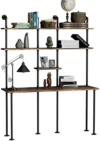 FUSHIAIPTC 74-inch H Industrial Wall Mount Desk, Ladder Floating Computer Desk with 4-Shelf Larger Pipe Table with Storage for Home Office Study Desk Bookcase （W:59inch）