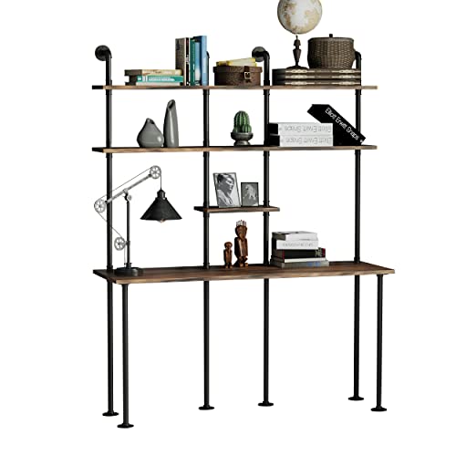Fushiaiptc 74-Inch H Industrial Wall Mount Desk, Ladder Floating Computer Desk With 4-Shelf Larger Pipe Table With Storage For Home Office Study Desk Bookcase （W:59Inch） #TOP27
