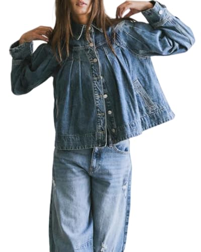 Womens Cropped Denim Jacket Long Sleeve Collared Button Down Pleated Jean Jckets with Pockets