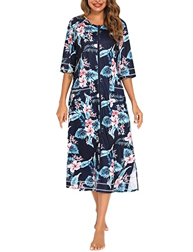 MOONETTO Damen Reißverschluss vorne 3/4 Ärmel Robe Loungewear volle Länge Nachtwäsche mit Taschen Bademantel Hausmantel Nachthemd, Flower03, Small Cover