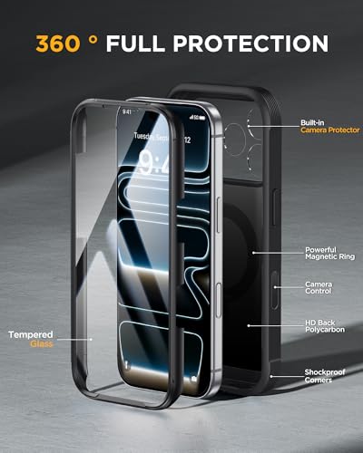 Image of Miracase for iPhone 17 Pro Case with 360 Spin Magnetic Stand, Full-Body Phone Case with Built-in Glass Screen Protector & Camera Control, Drop Proof iPhone 17 Pro Cover, Black