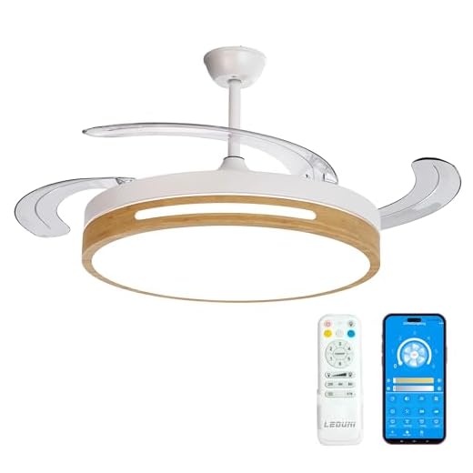 LEDUNI Ventilador con Luz LED con mando+APP 50CM, Motor DC +Luz LED, 66W,temporizador, 6 velocidades, aspas retráctiles, 3 temperaturas de luz, función verano-invierno Silencioso (Madera)