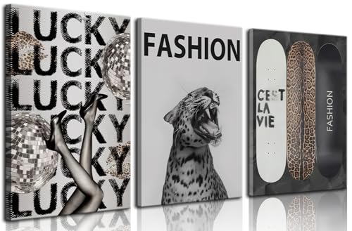 Trendy Leopard Canvas Wall Art Fashion Cheetah Lucky Skateboard Wall Decor Pictures Funky Vintage Preppy Luxury Aesthetic Posters Prints for Girly Bedroom Apartment Dorm Decoration 12x16in