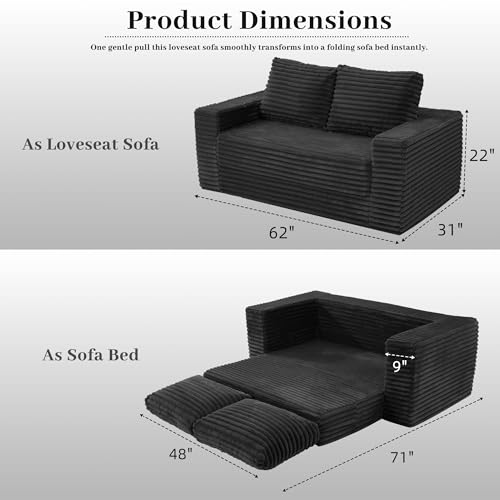 Image of HABUTWAY 62 inch Small Boneless Couch,3-in-1 Convertible Folding Sofa Bed, Corduroy Loveseat Sofa Bed w /2 Pillows for Living Room /Guest Room No Assembly Required, Black
