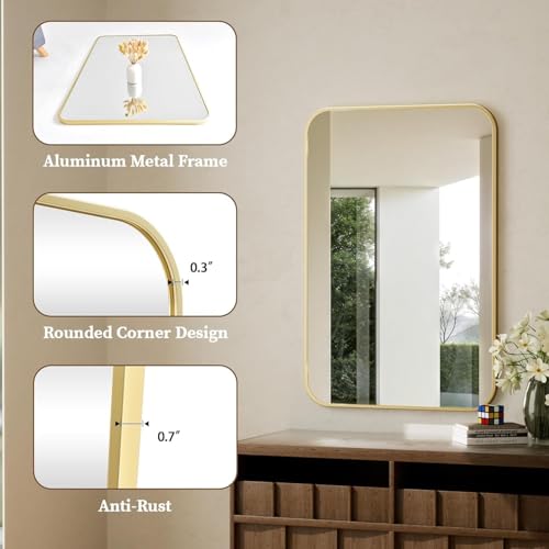 Image of The Artment your artistic apartment Streamline Rectangle Wall Mirror | HD Glass | Metal Frame | Wall-Mounted | Elegant Design for Bedroom, Bathroom, Hallway, Entryway | Gold (84 CM)