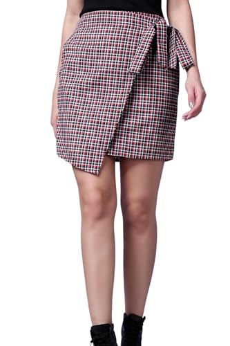 Image of POPWINGS Casual Mini Checks Print Wrap-Up Skirt for Women | Wrap-Up Ruffle Skirt Short for Women with Waist Belt| Ruffle Skirts for Women