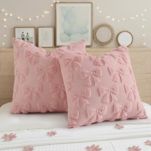 Image of decorUhome Pink Bow Pillow Covers Set of 2 Coquette Aesthetic Cute Preppy Plush Faux Pillowcases for Girly Bedroom or Couch 18x18 Inch