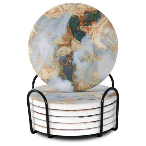 Memeyou White Marble Ceramic Coasters with Holder Absorbent Drink Coaster Set Outdoor Round Abstract Cute Table Decorative Coffee Cup Beverage Fun Wine Beer Bar Gold Housewarming 6 Pack Cover