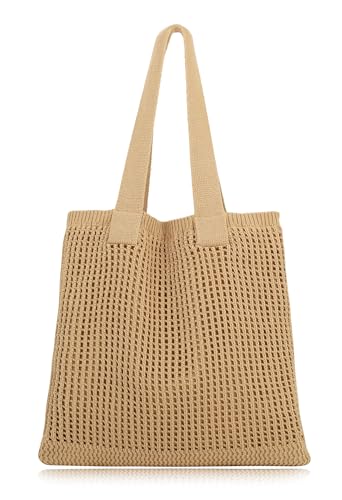 Image of COOKOOKY Lined Crochet Tote Beach Shoulder Bag Women Casual Work Shopping | Lined crochet tote with soft structure, perfect for beach, work, shopping. Roomy & lightweight for daily use.