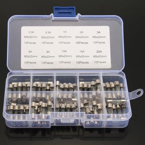 Garneck kit de fusibles tubo de vidrio 5x20mm 100 piezas con 10 valores de amperaje 0.2a-20a acción rápida para electrodomésticos y electrónicos en caja de plástico miniatura 2