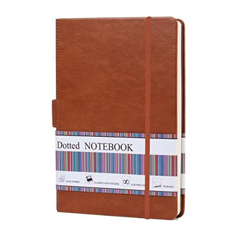 VODIU Classic Dotted Notebook Leather Journal with Pen Loop, A5 Thick Paper Hardcover with Pocket,192Pages 5.7x8.2 inche Cover