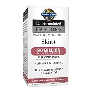 Garden of Life Dr. Formulated Platinum Series Skin+ 90 Billion CFU Guaranteed, 12 Probiotic Strains + Vitamin A & Lycopene for Skin Health, Radiance & Elasticity, Vegetarian Supplement, 30 Capsules