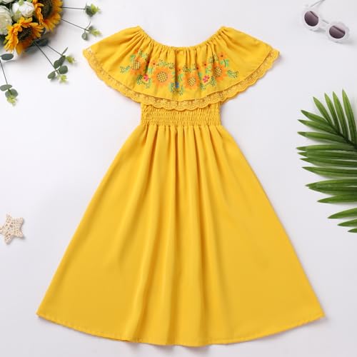Kids Girls Mexican Dress Off-Shoulder Sunflower Print Drape Traditional Ethnic Wear Birthday Dresses4