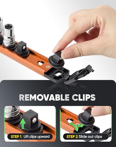 Image of ALOANES Magnetic Socket Organizer Set, 3 /8-Inch Drive Heavy Duty Aluminum Socket Rail Organizer, 360 Swivel Clips Socket Holder Kit for Toolbox Drawer Fit 3 /8-Inch x 14 Clips (Orange, 1PC)